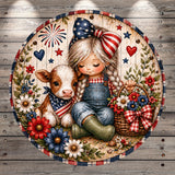 A young girl with braided hair and a patriotic hat is sitting next to a cow, surrounded by flowers and patriotic symbols, in a circular frame.