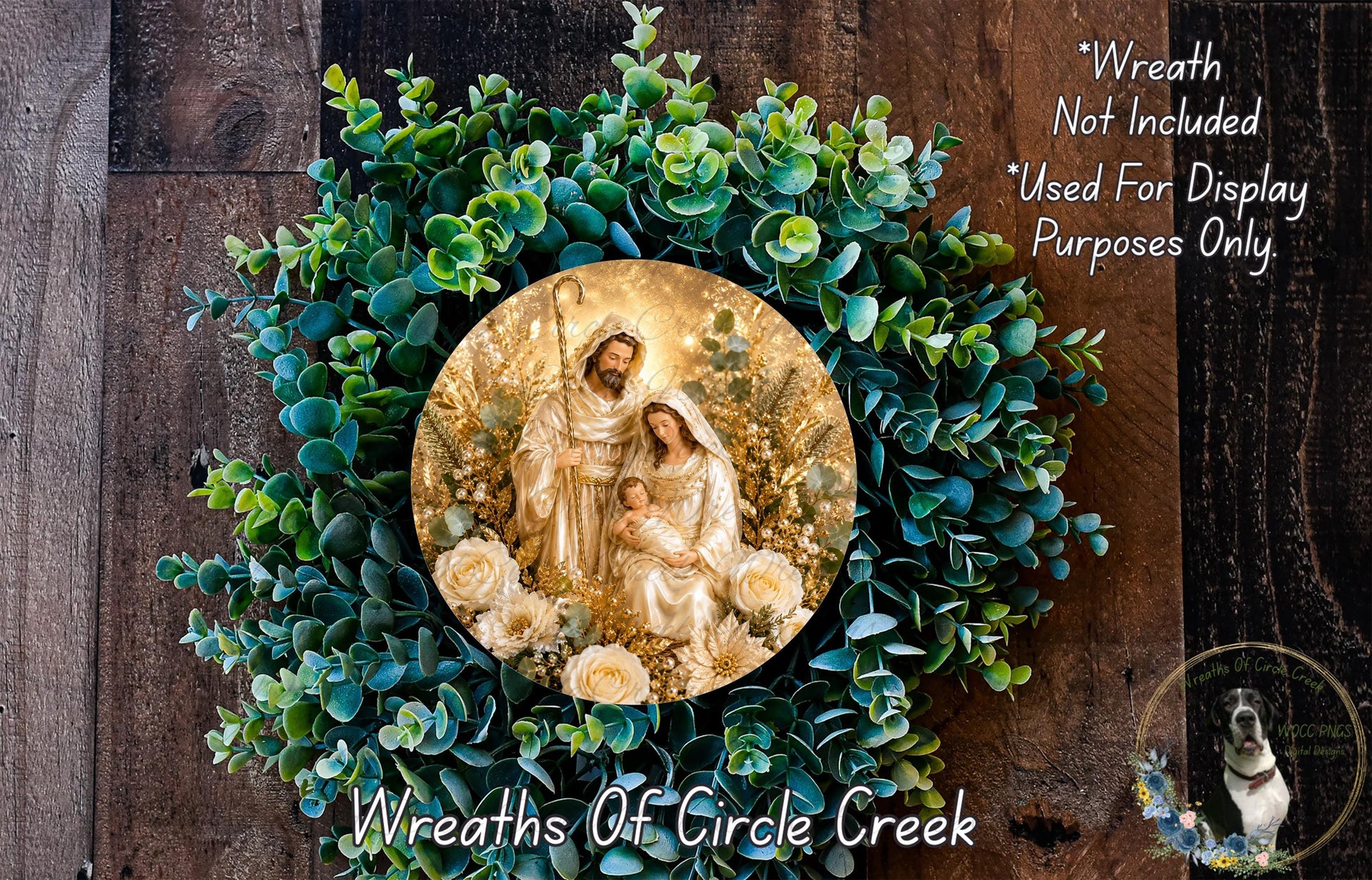 A wreath with a circular arrangement of greenery and a depiction of the Holy Family, including Jesus, Mary, and Joseph, surrounded by flowers.