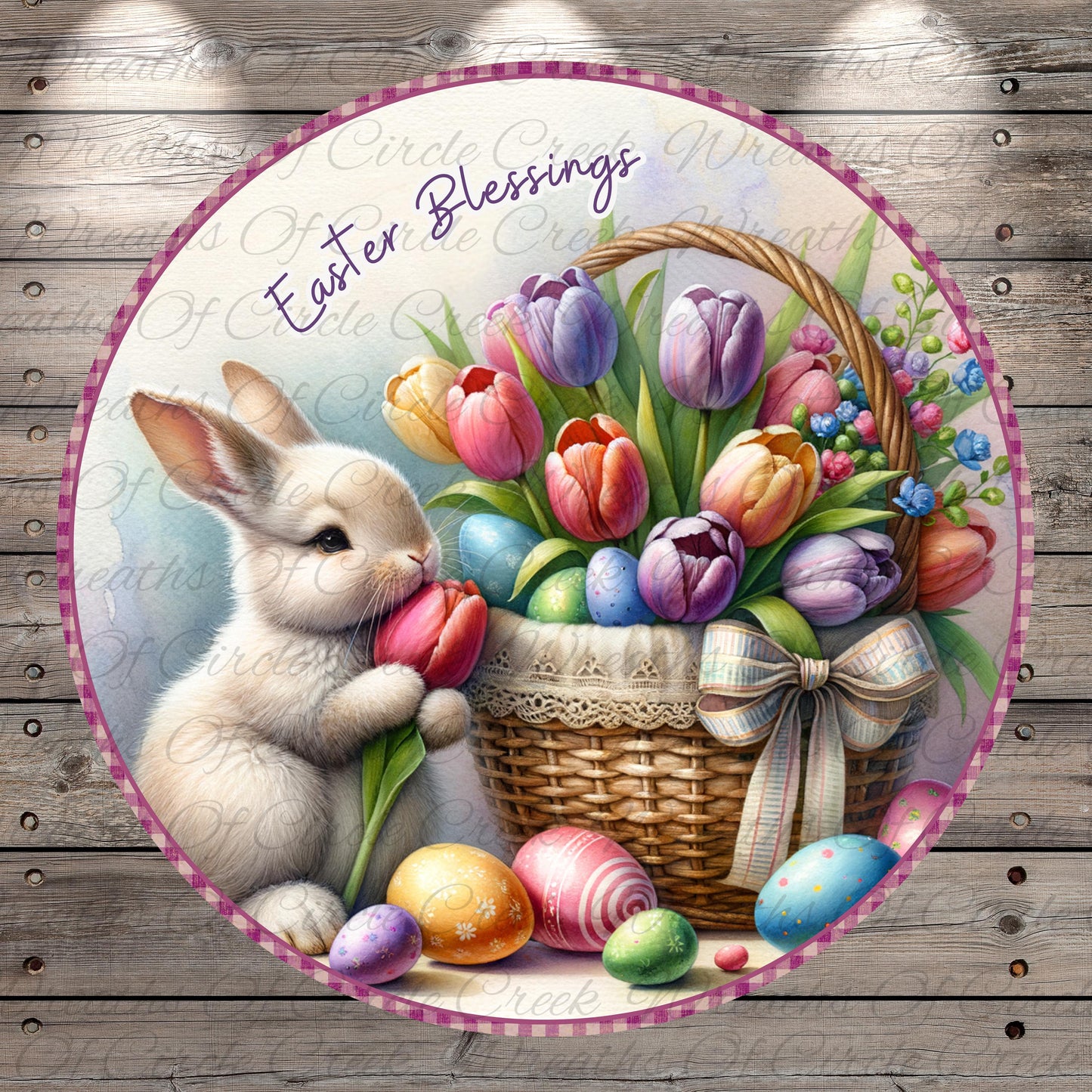 A white rabbit is sitting next to a basket filled with colorful Easter eggs and flowers, with the text "Easter Blessings" written above the scene.