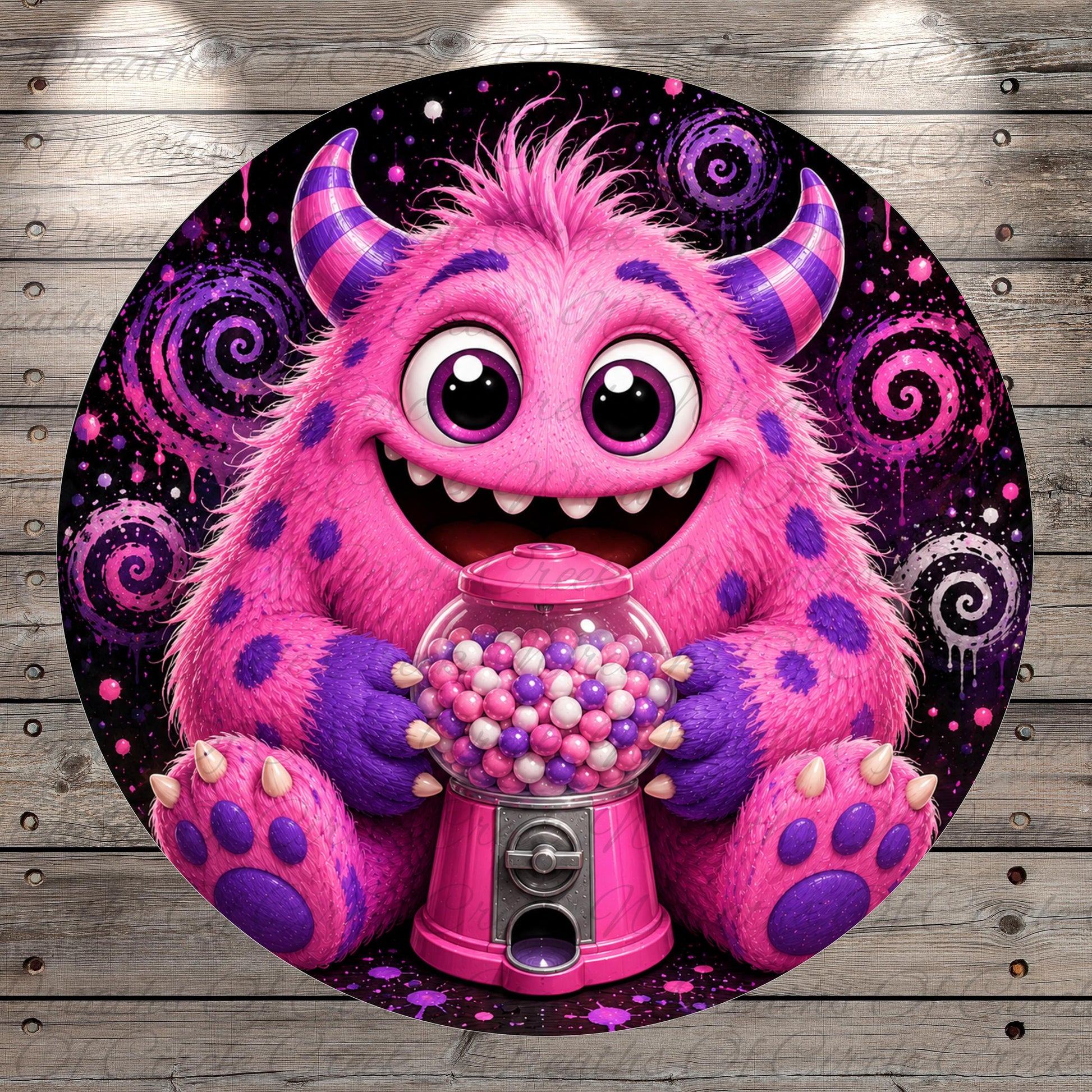 A large, pink monster with horns and a big smile is sitting in front of a pink and purple gumball machine, surrounded by swirling patterns and stars.