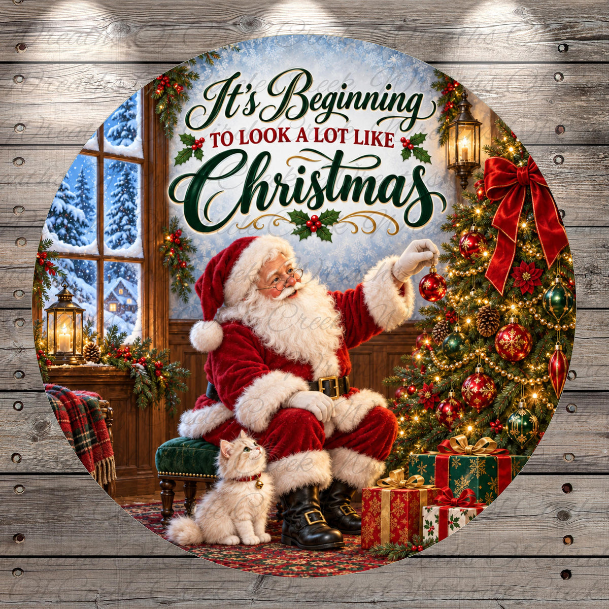 Santa Claus sitting on a chair, surrounded by a Christmas tree, presents, and a cat, with a sign that reads "It's Beginning to look like Christmas".