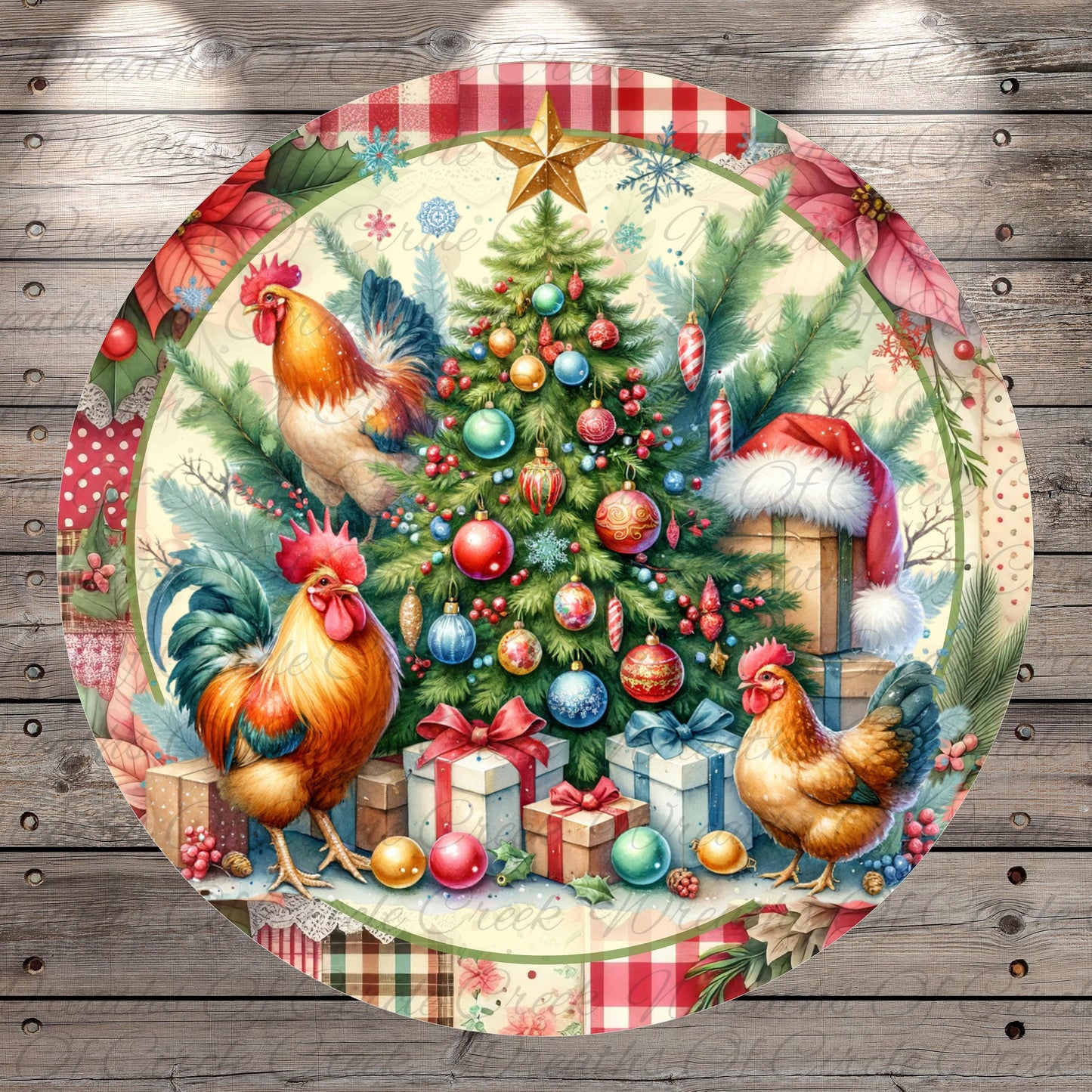 A festive Christmas scene featuring a decorated Christmas tree surrounded by various holiday decorations, including ornaments, presents, and a Santa hat. Two roosters are present in the scene, one standing on the left side and the other on the right side of the tree.