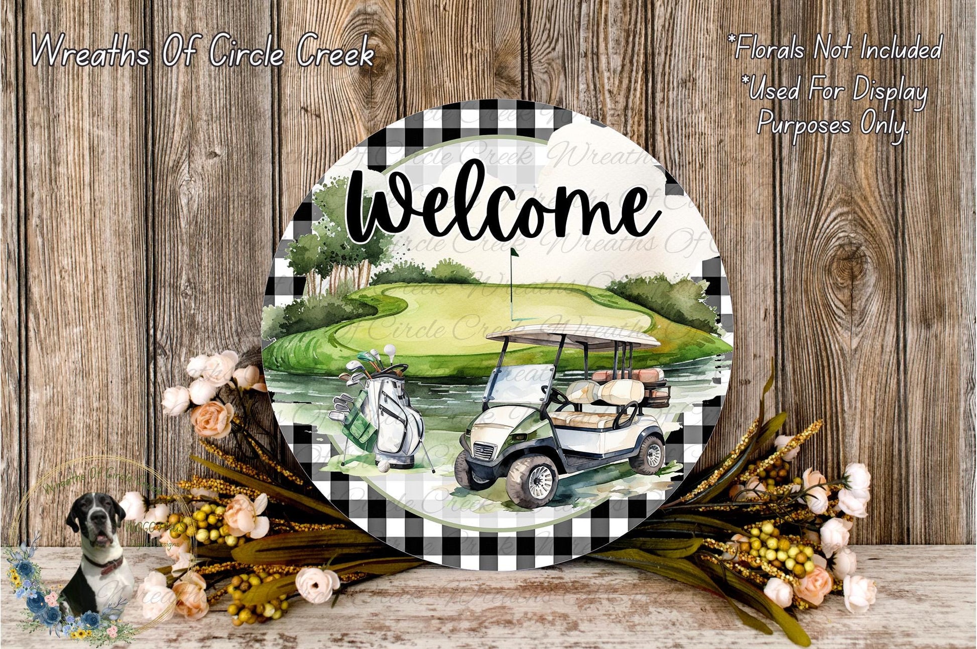 a welcome sign with a golf cart and flowers, set against a wooden background.