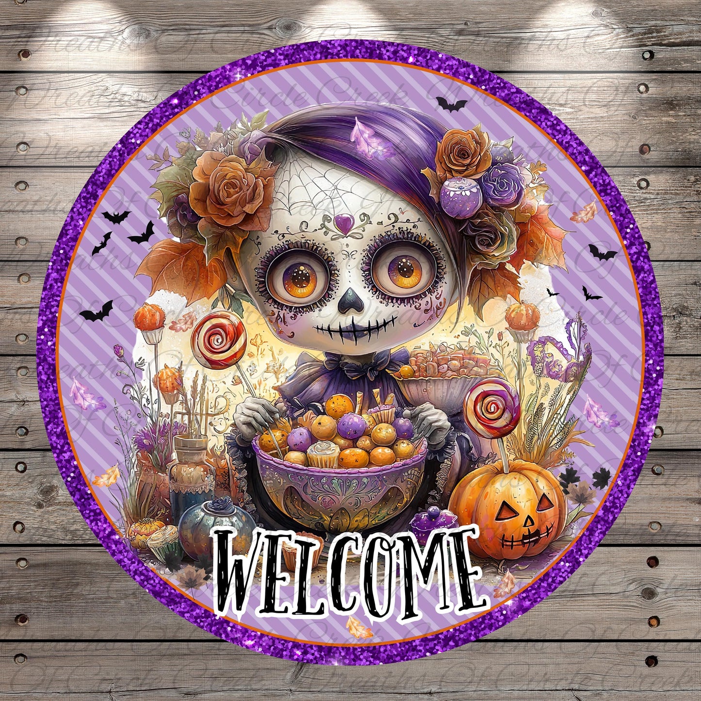 A colorful and whimsical illustration of a sugar skull character surrounded by various Halloween-themed elements, including flowers, pumpkins, and a bowl of candy. The text "WELCOME" is prominently displayed in the center of the image.