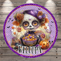 A colorful and whimsical illustration of a sugar skull character surrounded by various Halloween-themed elements, including flowers, pumpkins, and a bowl of candy. The text "WELCOME" is prominently displayed in the center of the image.
