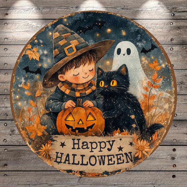 a painting of a boy and a cat with a happy halloween sign