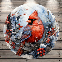Red Cardinal With Winter Foliage, Round, Light Weight, Metal Wreath Sign, No Holes