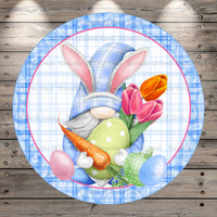 Easter Gnome, Hoppy Easter, Blue Paisley Border, Light Weight, Metal, Wreath Sign, Round, With No Holes