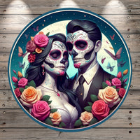 Day Of The Dead, Dia De Los Muertos, Lovers, Couple, Pink, Orange, Florals, Butterflies, Moon, Light Weight, Metal, Wreath Sign, No Holes In Sign