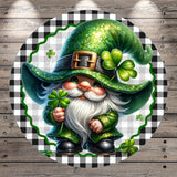 A whimsical illustration of a gnome wearing a green hat with a gold buckle and holding a four-leaf clover, surrounded by shamrocks and a checkered border.
