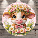 A cow wearing a flower crown and bow tie is surrounded by a wreath of flowers and leaves.