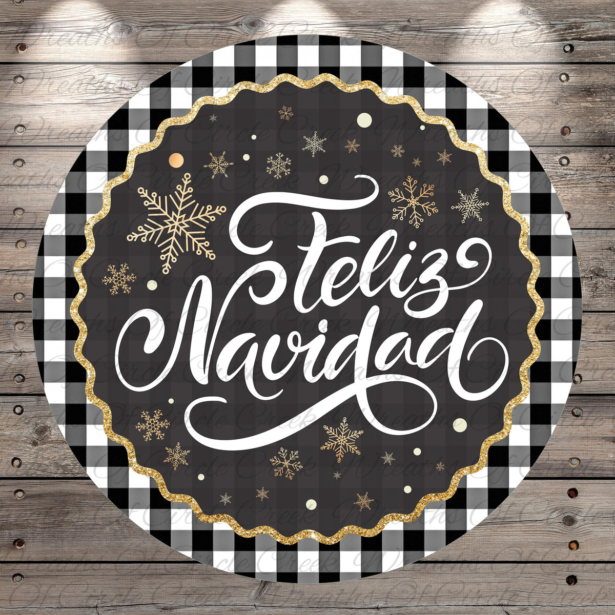 a circular design with a black background and a black and white checkered border. The design includes a decorative border with a black and white checkered pattern, and the text "Feliz Navidad" is written in a cursive font. The design also includes snowflakes and glitter, adding a festive touch to the overall composition.