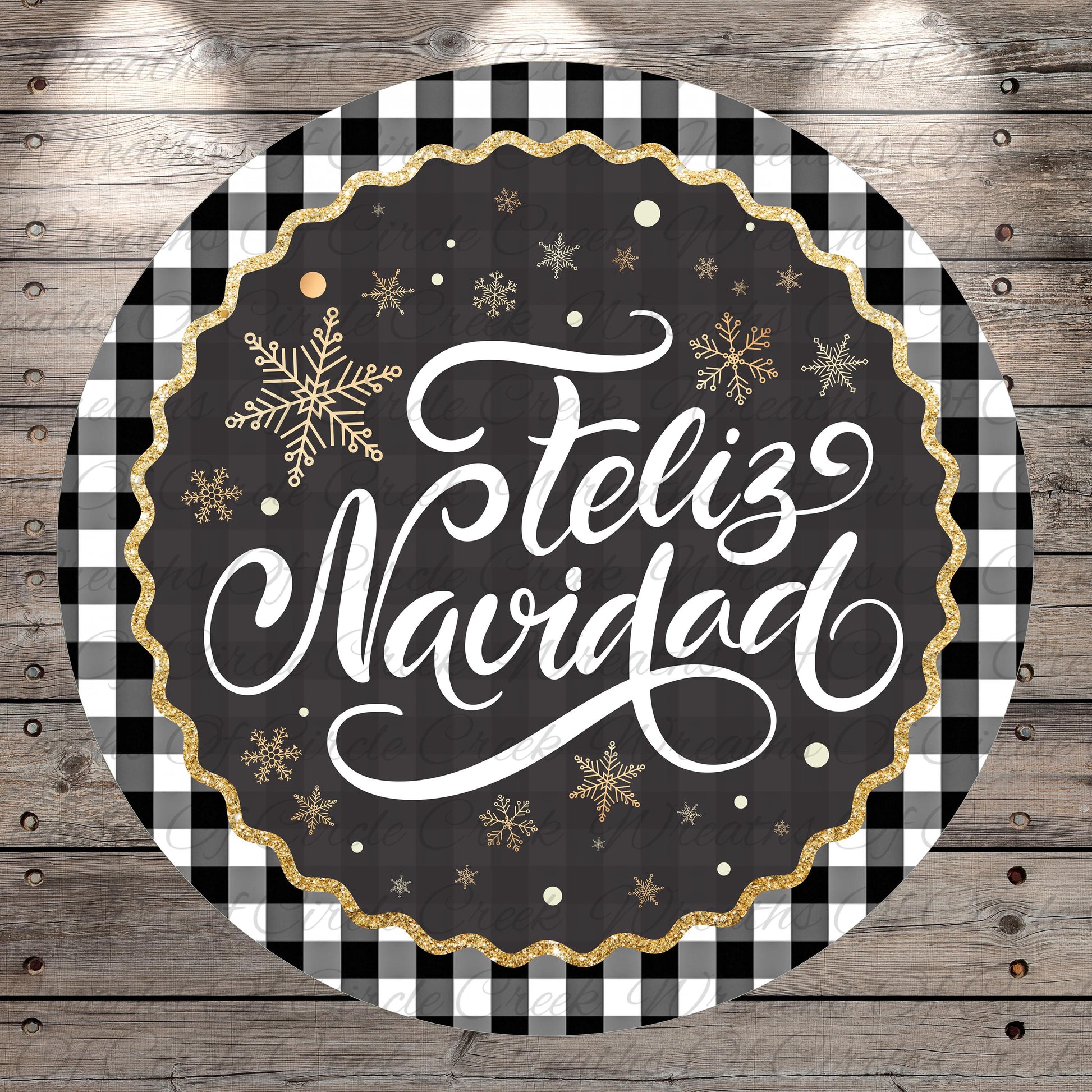 a circular design with a black background and a black and white checkered border. The design includes a decorative border with a black and white checkered pattern, and the text "Feliz Navidad" is written in a cursive font. The design also includes snowflakes and glitter, adding a festive touch to the overall composition.