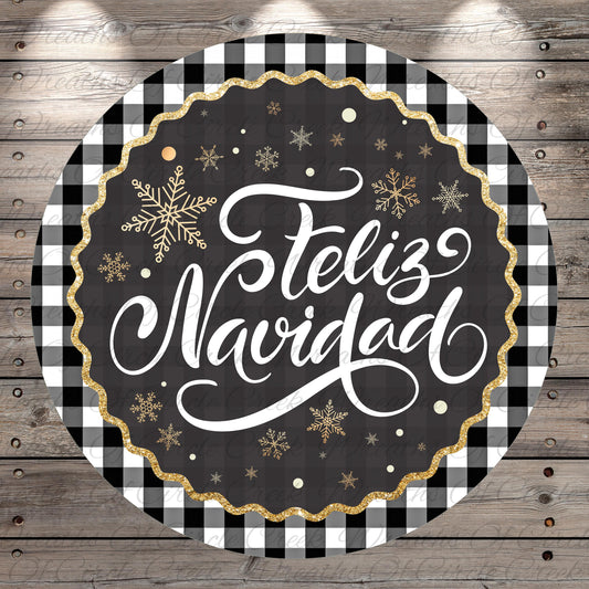 a circular design with a black background and a black and white checkered border. The design includes a decorative border with a black and white checkered pattern, and the text "Feliz Navidad" is written in a cursive font. The design also includes snowflakes and glitter, adding a festive touch to the overall composition.