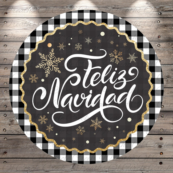 a circular design with a black background and a black and white checkered border. The design includes a decorative border with a black and white checkered pattern, and the text &quot;Feliz Navidad&quot; is written in a cursive font. The design also includes snowflakes and glitter, adding a festive touch to the overall composition.
