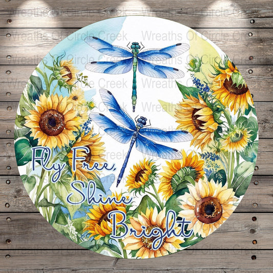 Round Sunflower and Dragonfly Wreath, Summer Floral Door Decor, Inspirational Quote Wall Art, Bright Colorful Home Decoration.