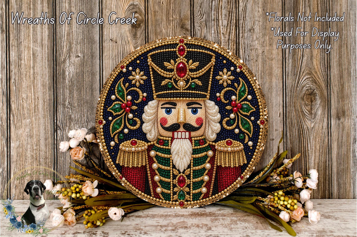 a nutcracker figure with a nutcracker hat and a nutcracker's face, surrounded by a wreath of flowers and a wooden background.