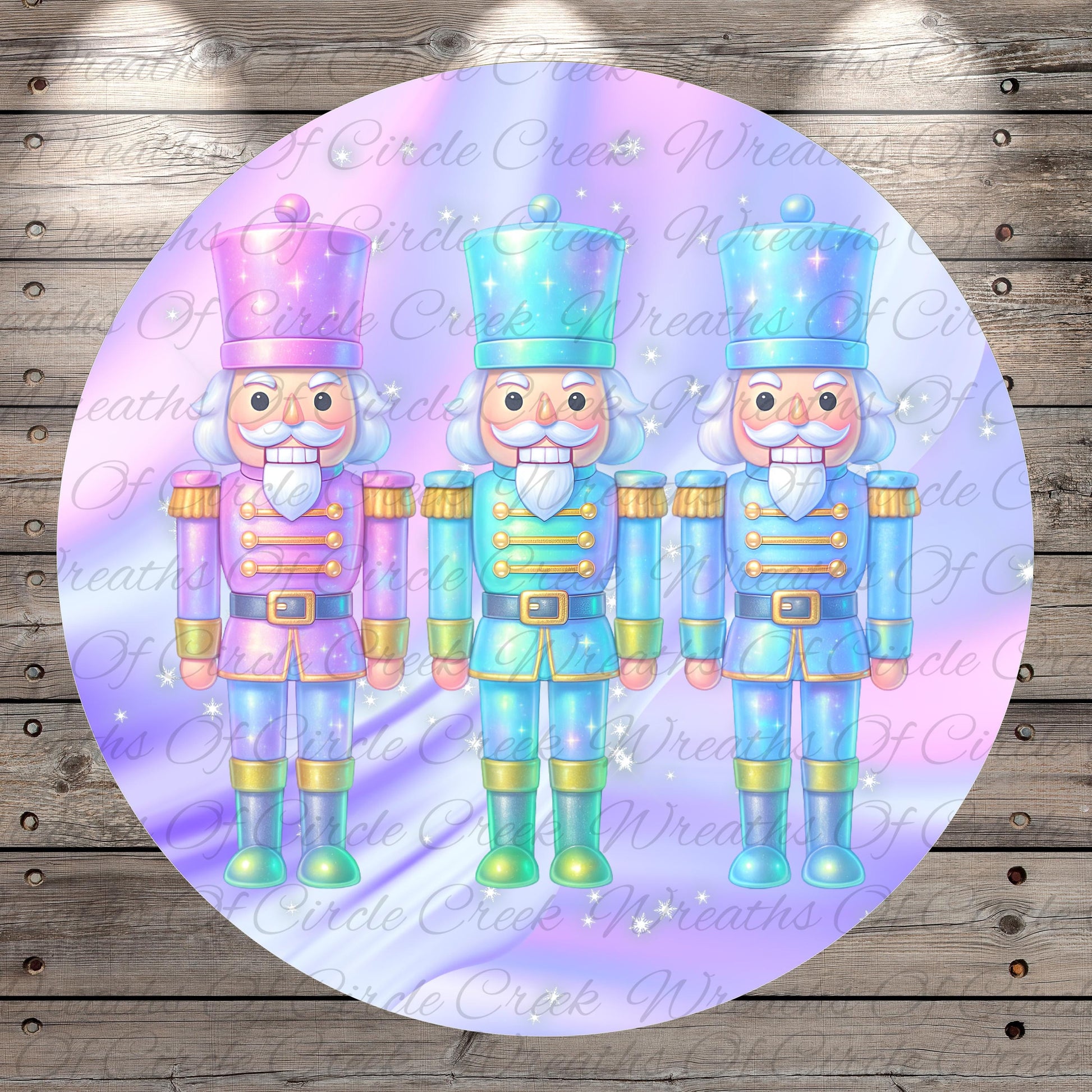 A circular illustration featuring three nutcracker characters in a festive holiday scene, with a purple and pink background and sparkling stars.