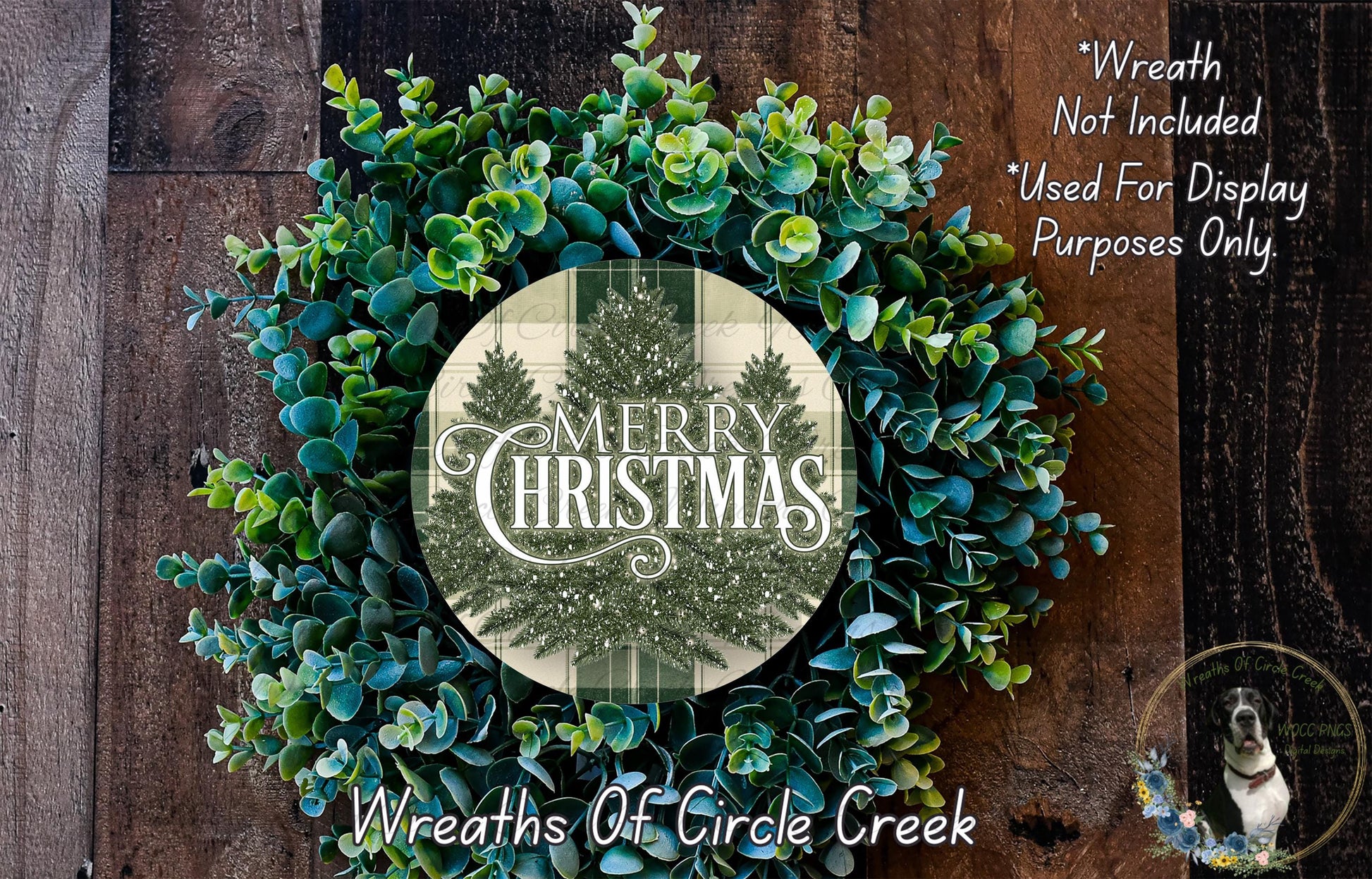 a Christmas wreath made of various green plants, including eucalyptus and other foliage, arranged around a circular design with the text "Merry Christmas" and "Wreaths of Circle Creek".