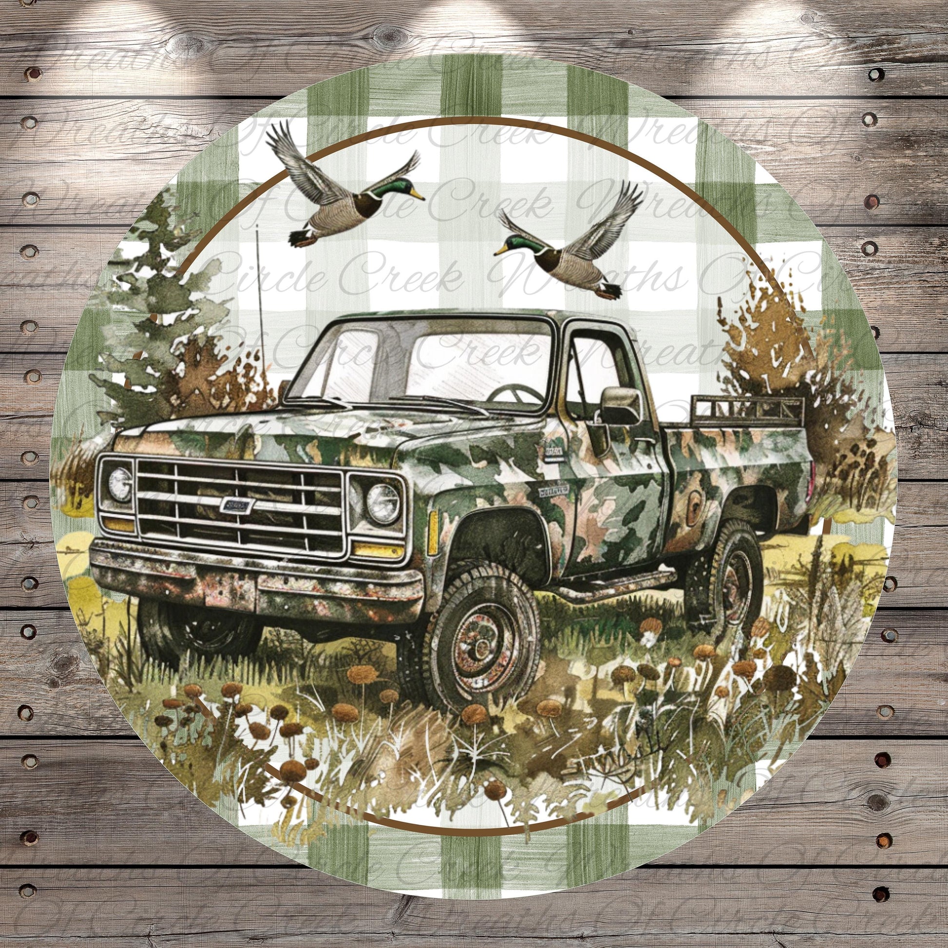 A camouflage truck is depicted in a wooded area, with two ducks flying above it.