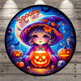 Spooky, Classic, Halloween Witch, Jack O Lantern, Round, Light Weight, Metal Wreath Sign, No Holes In Sign