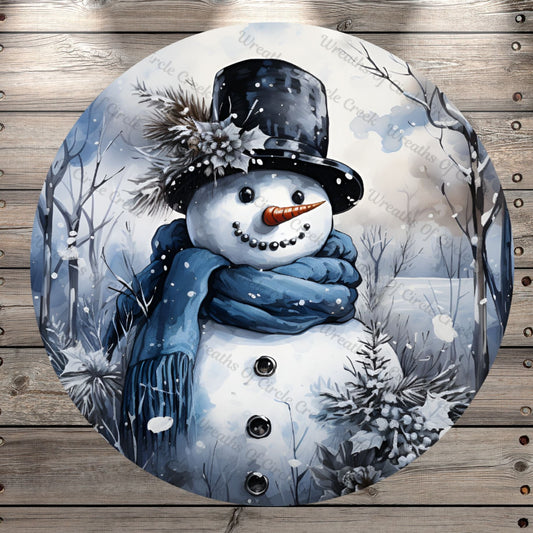 Snowman With Top Hat, Classic, Winter Scene, Watercolor, Round, Light Weight, Metal Wreath Sign, No Holes