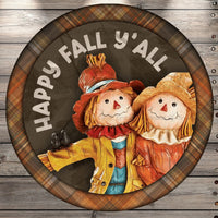 Happy Fall Y'all, Scarecrow Couple, Fall Plaid, Round UV Coated, Metal Sign, No Holes