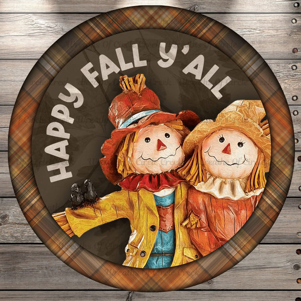 Happy Fall Y'all, Scarecrow Couple, Fall Plaid, Round UV Coated, Metal Sign, No Holes