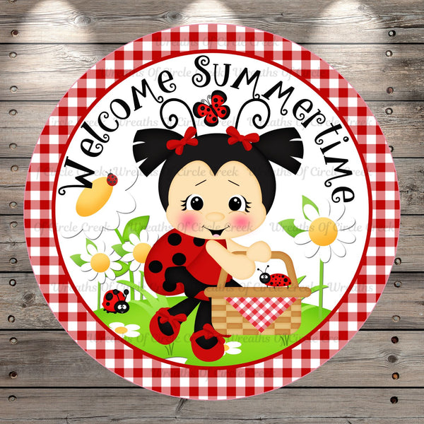 Welcome, Summertime, Ladybug, Picnic, Red and White Plaid, Round, Light Weight, Metal Wreath Sign, No Holes In Sign
