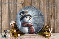 A snowman decoration with a snowflake design and the text "Snowflakes dance with Christmas magic" is displayed on a wooden surface, surrounded by flowers.