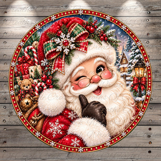 A festive Christmas scene featuring Santa Claus surrounded by holiday decorations, including a wreath, snowflakes, and presents.