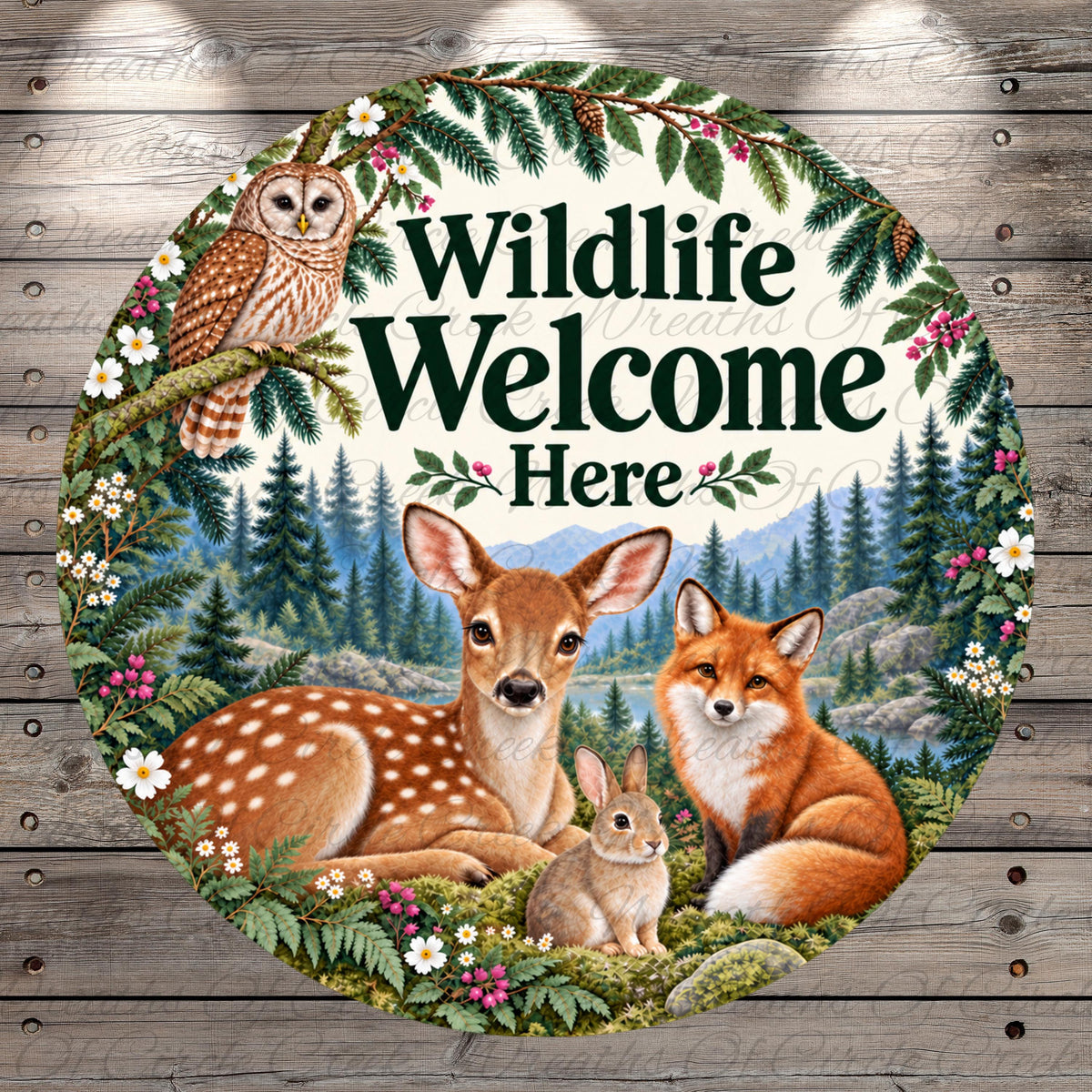 A wildlife-themed sign with an owl, deer, fox, and rabbit, surrounded by a wreath of flowers and greenery, with the text "Wildlife Welcome Here" displayed prominently.