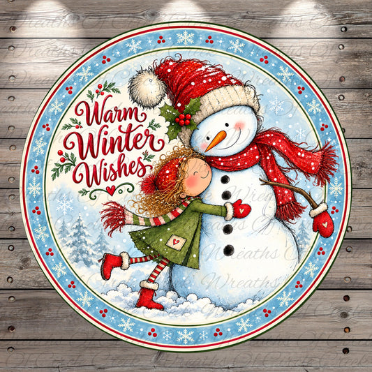 A snowman and a girl in a green coat are depicted in a festive winter scene, with the text "Warm Winter Wishes" written around them.