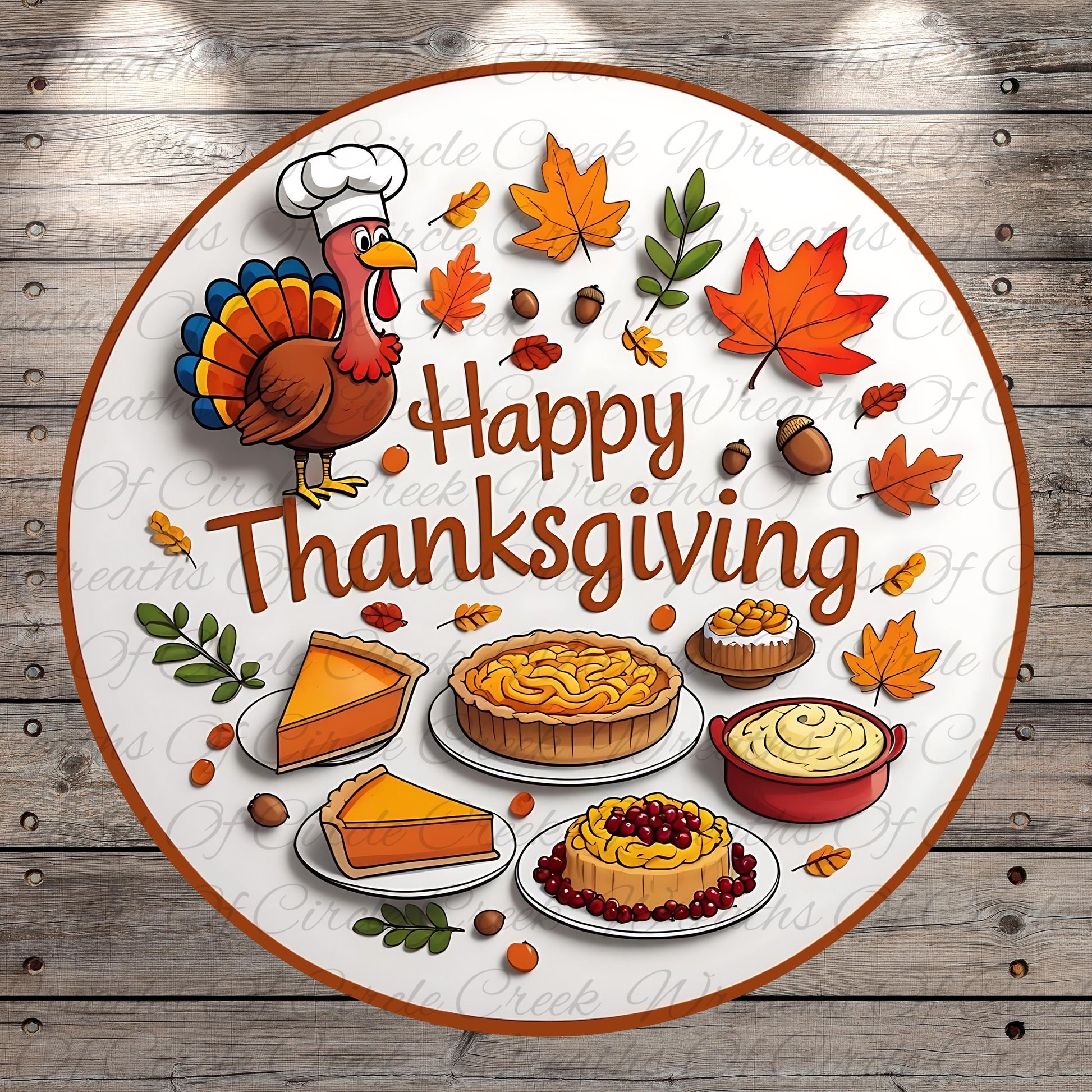 A cheerful Thanksgiving greeting featuring a turkey, pies, and autumn leaves, with the text "Happy Thanksgiving" prominently displayed.
