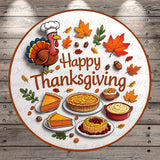 A cheerful Thanksgiving greeting featuring a turkey, pies, and autumn leaves, with the text "Happy Thanksgiving" prominently displayed.