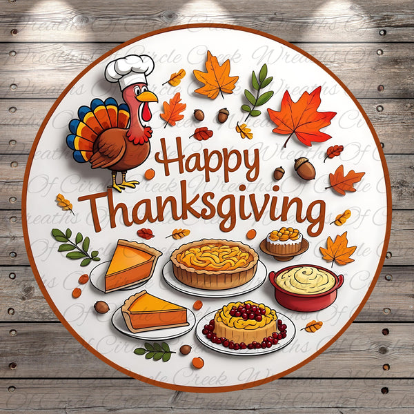 A cheerful Thanksgiving greeting featuring a turkey, pies, and autumn leaves, with the text "Happy Thanksgiving" prominently displayed.