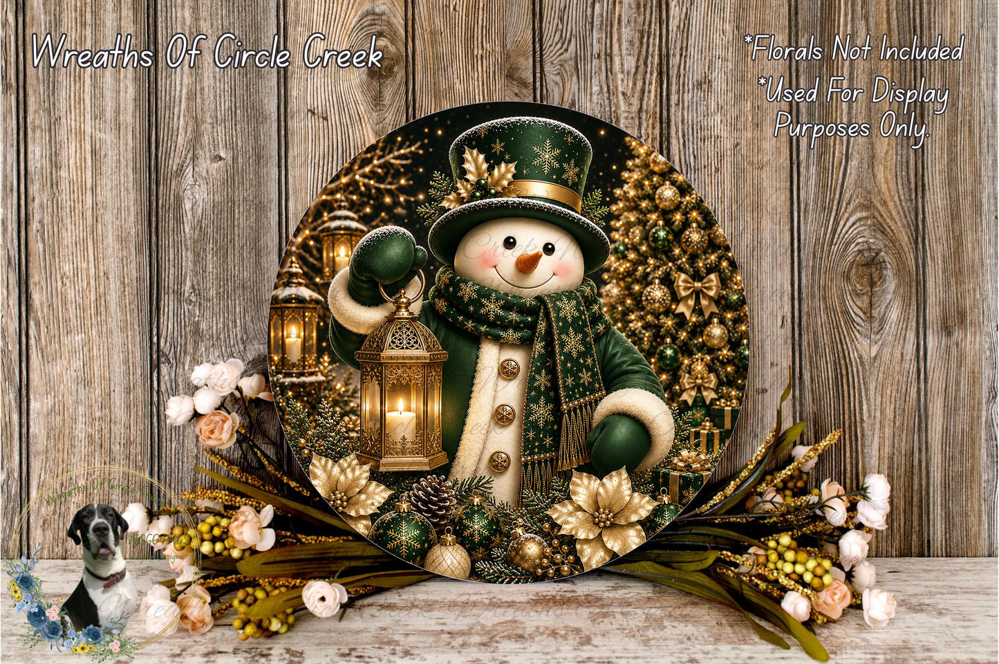 A snowman figure holding a lantern and surrounded by a wreath of flowers and pine cones, set against a wooden background.