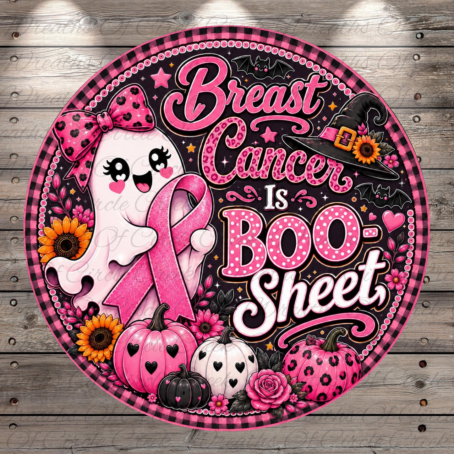 The image is a vibrant and colorful illustration featuring a ghost, pumpkins, flowers, and a pink ribbon, all set against a black and white background.