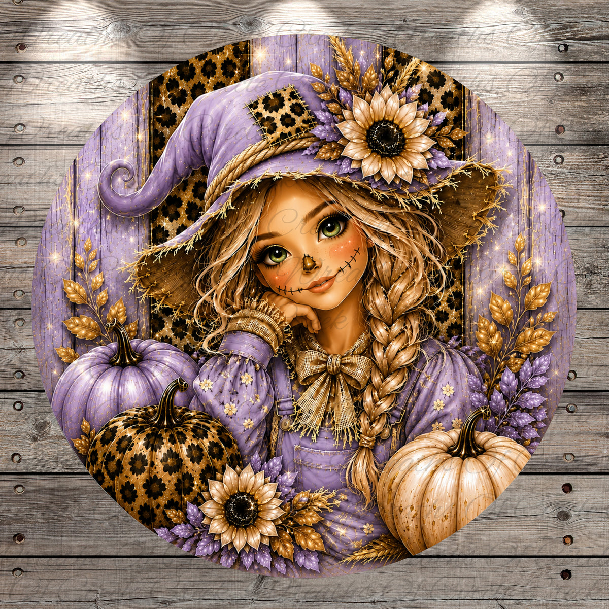 Purple Scarecrow Girl Round Aluminum Metal Wreath Sign, Leopard Pumpkins, Sunflower Fall Decor, Autumn Harvest, (Lightweight, No Holes)