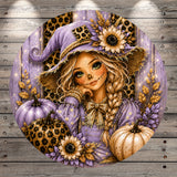 Purple Scarecrow Girl Round Aluminum Metal Wreath Sign, Leopard Pumpkins, Sunflower Fall Decor, Autumn Harvest, (Lightweight, No Holes)
