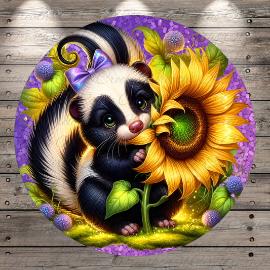 Cute Skunk Sunflower Purple Aluminum Metal Wreath Sign (Lightweight, No Holes)