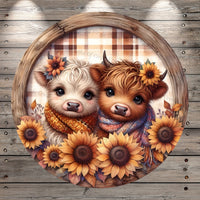 Highland Cows, Fall, Sunflowers, Rustic, Round, Light Weight, Metal, Wreath Sign, No Holes In Sign