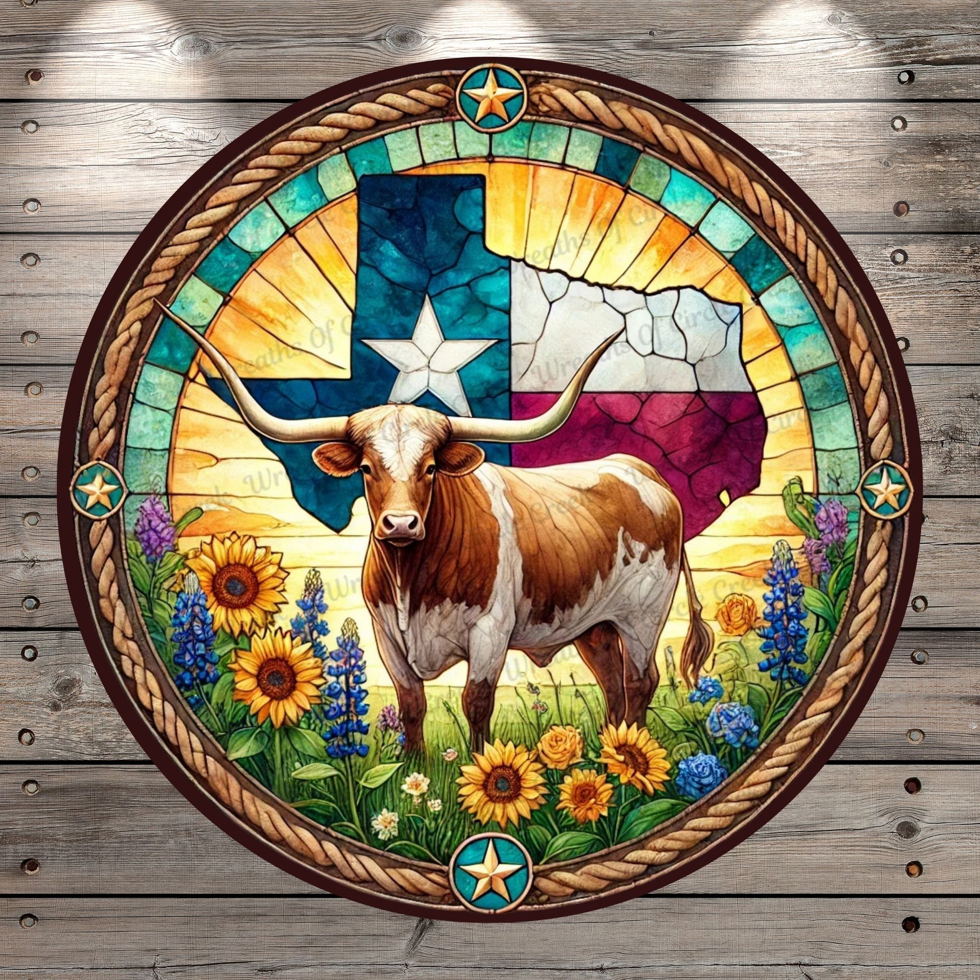 Texas Longhorn | Lightweight Round Metal Wreath Sign | Sunflowers & Bluebonnets | Faux Stained Glass Effect | No Holes In Sign