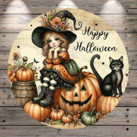Witch Sitting On Jack-O-Lantern, Happy Halloween, Black Cat, Vintage, Fall, Metal, Light Weight, Wreath Sign, No Holes In Sign