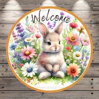 Welcome Bunny, Watercolor Florals, Spring, Easter, Round Light Weight, Metal Wreath Sign, No Holes