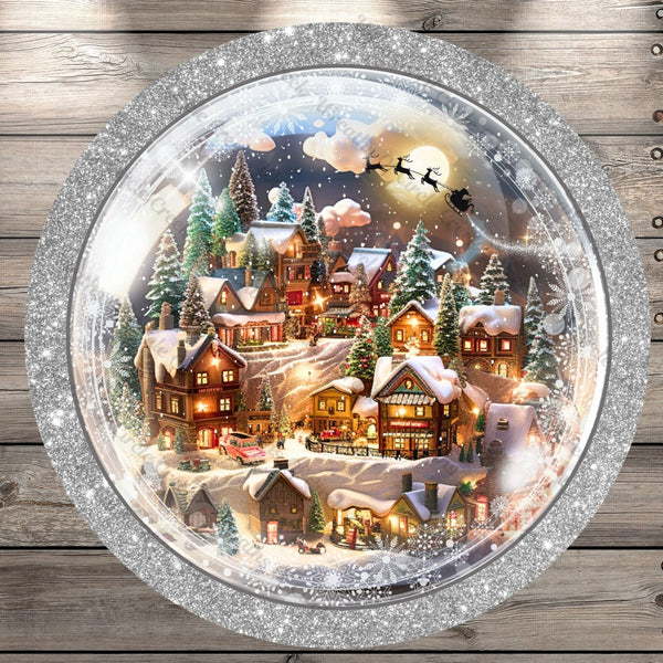 Snow Globe, Christmas Winter Scene, Silver Round, Light Weight, Metal Wreath Sign, No Holes