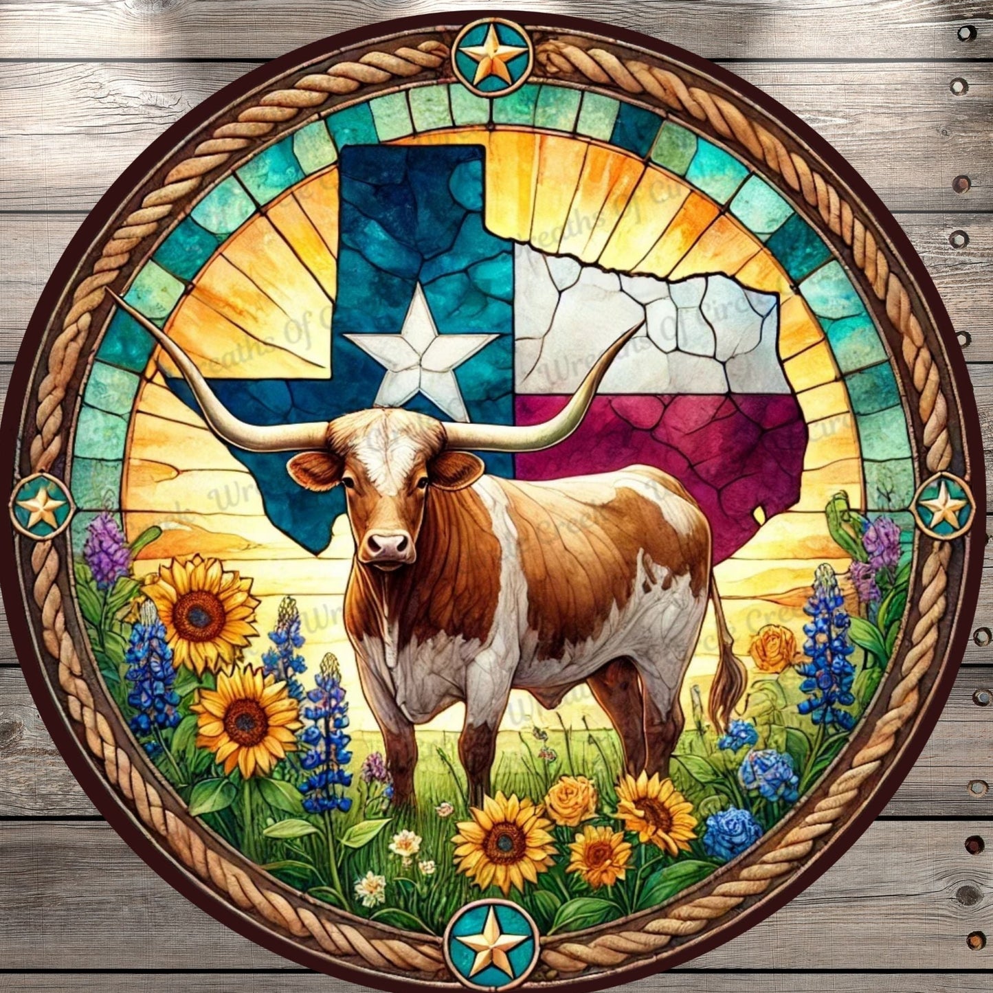 Texas Longhorn | Lightweight Round Metal Wreath Sign | Sunflowers & Bluebonnets | Faux Stained Glass Effect | No Holes In Sign