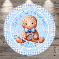 Baby’s First Christmas, 2023, Boy, Gingerbread, Blue, Wreath Sign, No Holes, Round UV Coated, Metal