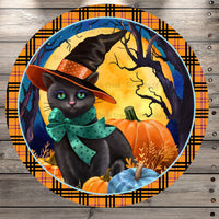 Halloween, Black Cat, Moon, Pumpkin, Happy Halloween, Orange, Plaid Round UV Coated, Metal Sign, No Holes