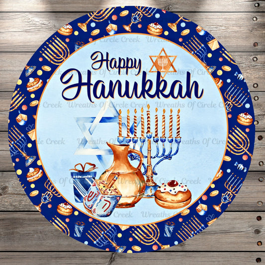 Happy Hanukkah Sign, Round, Light Weight, Metal Wreath Sign, No Holes In Sign